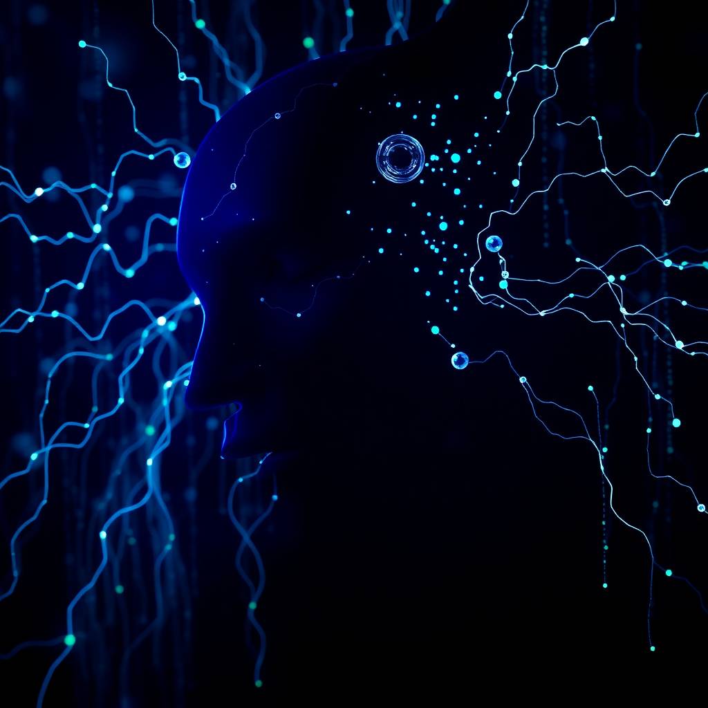 Chiaroscuro-lighting-cool-color-AI-with-data-streams-flowing.-Blues-greens-purples-dominate-strong-contrasts-deep-shadows.-AI-depicted-with-flowing-data-streams